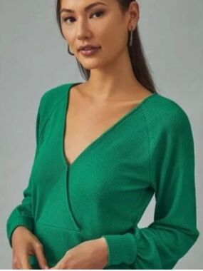 By Anthropologie ribbed wrap sweater long sleeve green minimalist Size Medium